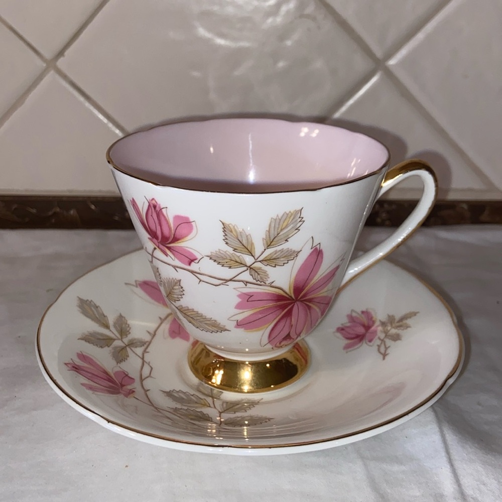 RARe Vintage Old Royal Bone China Footed Teacup Saucer  Pink Floral Gold accent